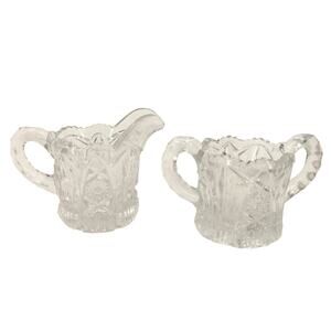 Crystal Glass Double Handle Sugar Bowl & Creamer Pressed Deep Cut Glass EAPG
